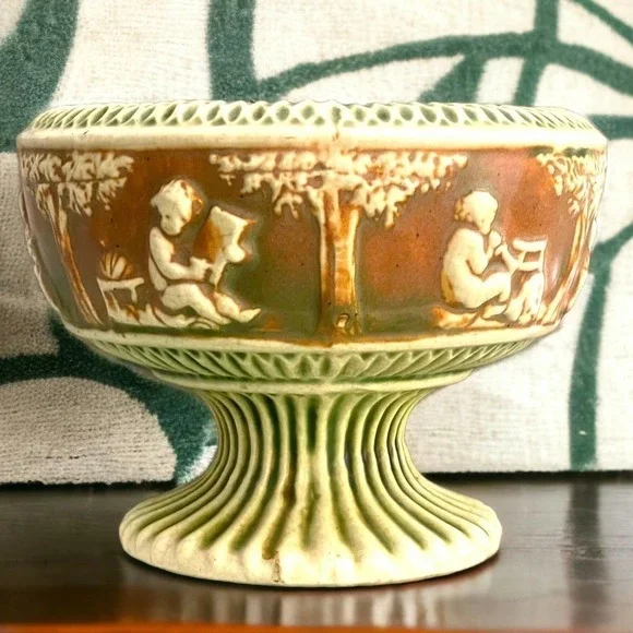 Vintage Early Roseville Pottery Donatello Footed Bowl Compote Cream, Green - Picture 13 of 15